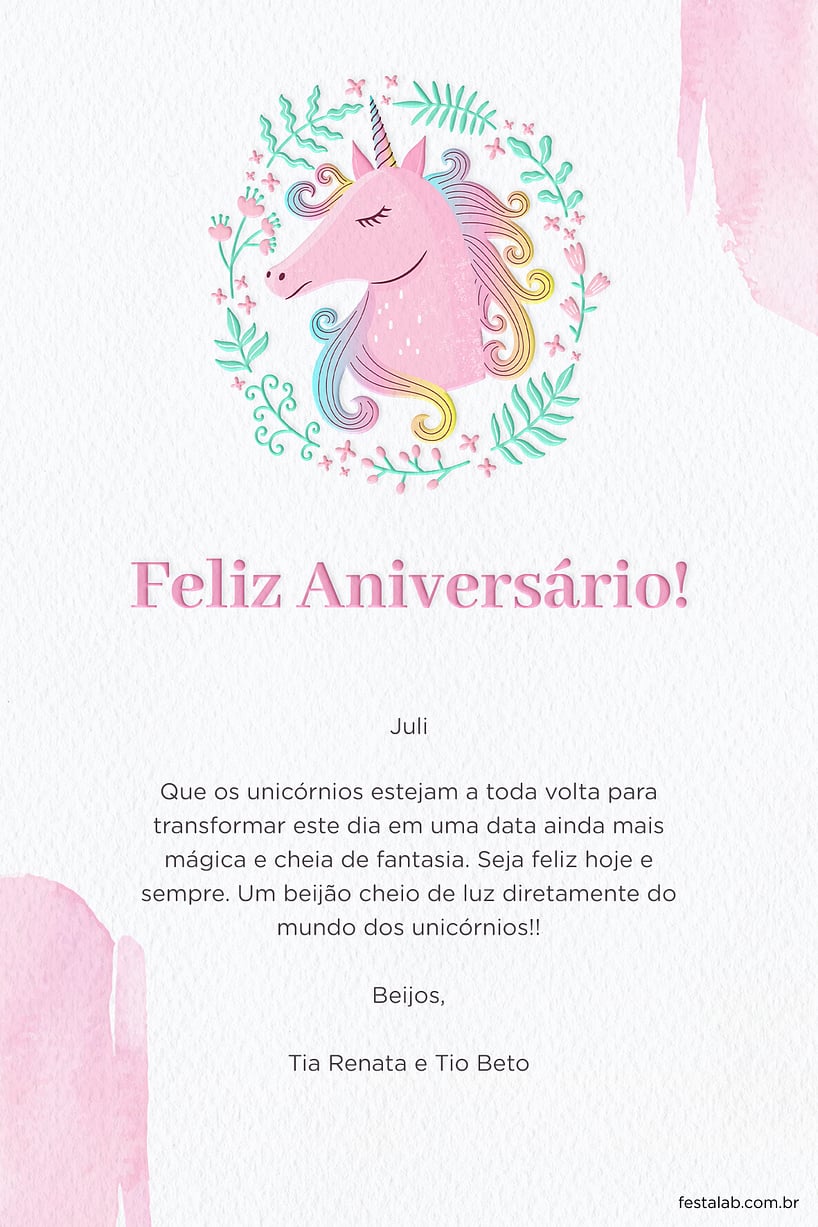 Cartao de Aniversario Adulto - Unicornio Primavera