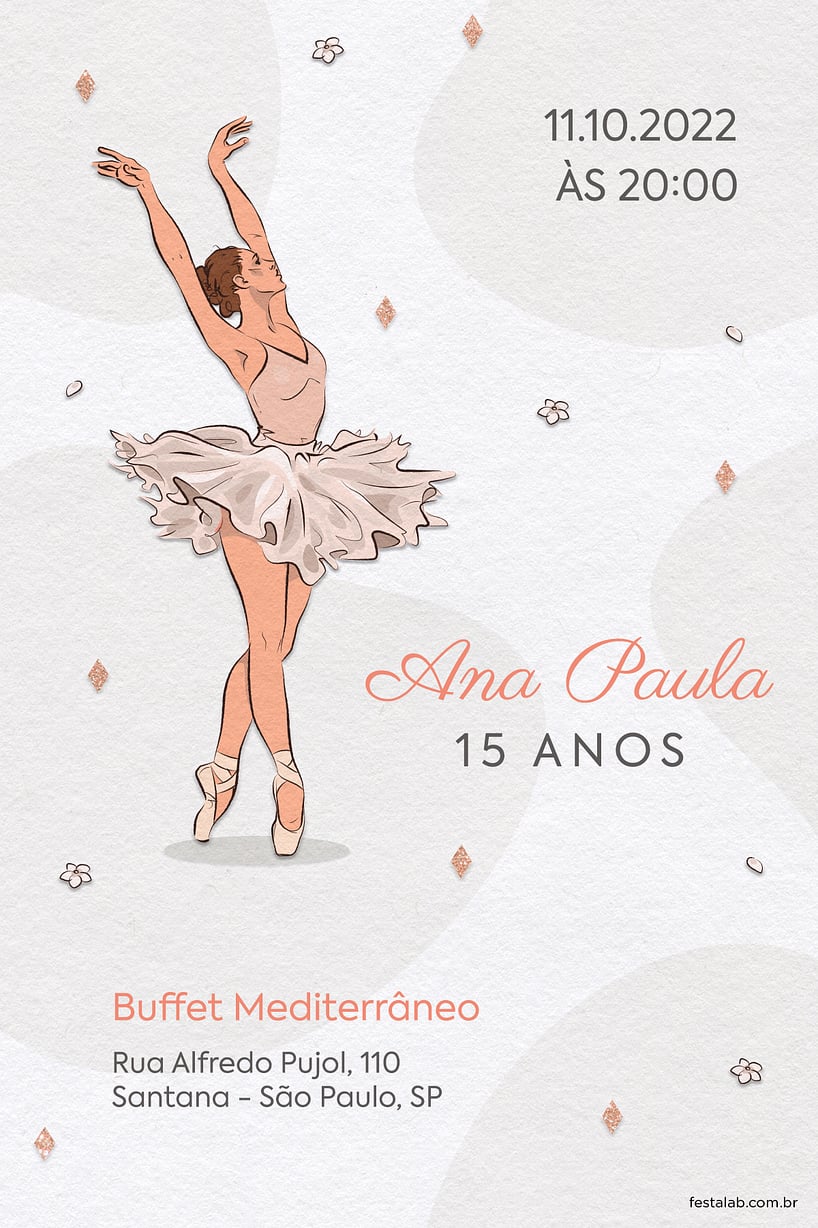 Criar convite de Aniversário de 15 anos - Uma Celebração Bailarina - Branco| FestaLab