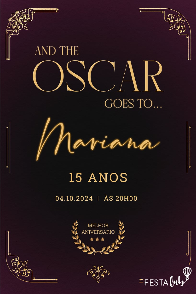 Criar convite de Aniversário de 15 anos - Festa do Oscar| FestaLab