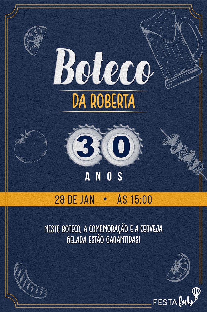 Convite de Aniversario Adulto - Boteco Classico azul e amarelo