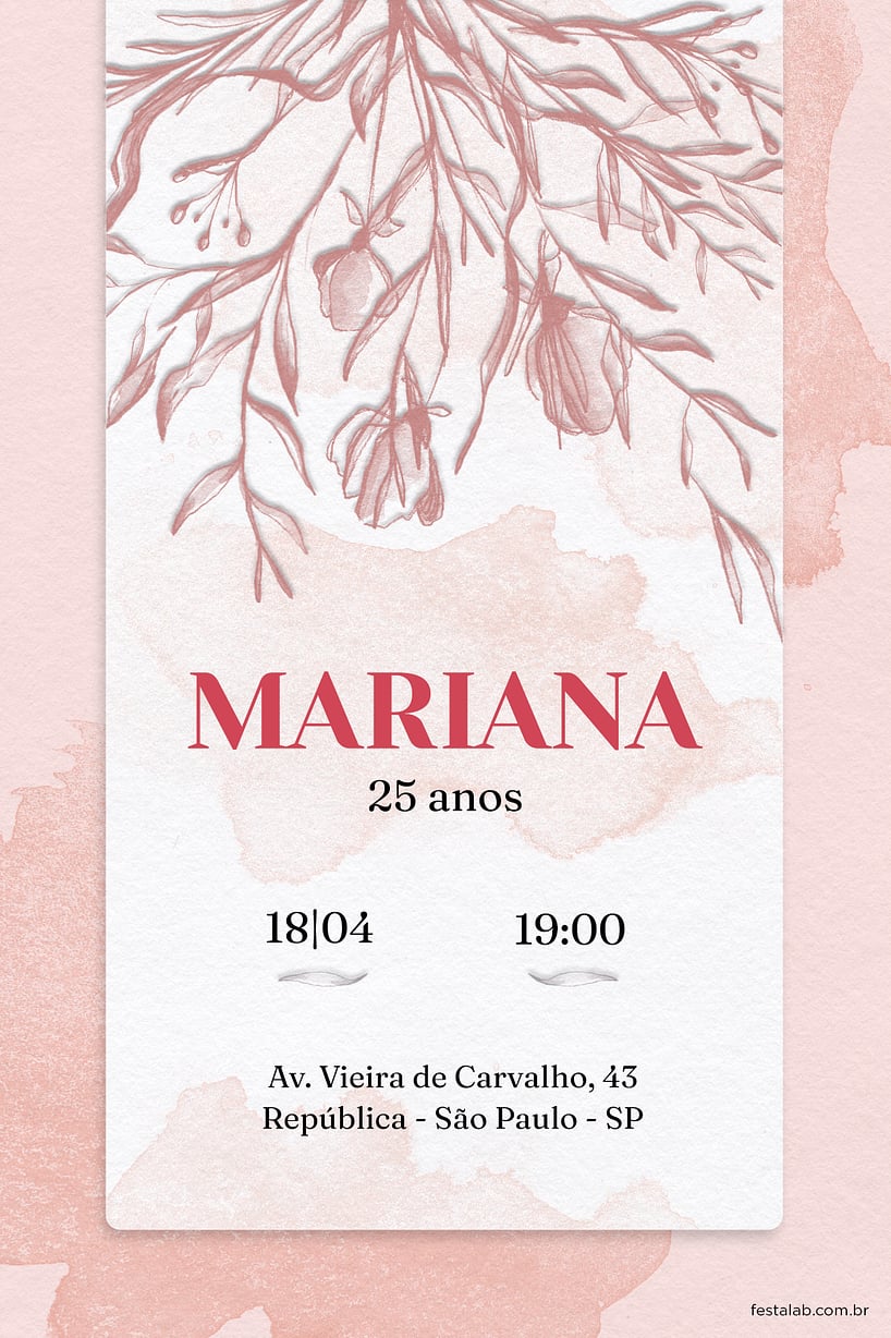 Criar convite de aniversário - Flores Aquarela Rosa| FestaLab