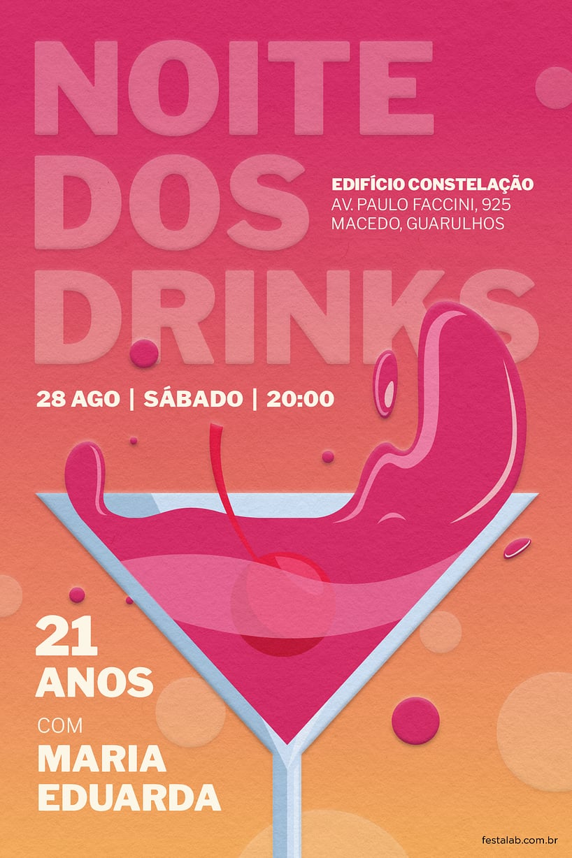 Convite de Aniversario Adulto - Noite dos Drinks