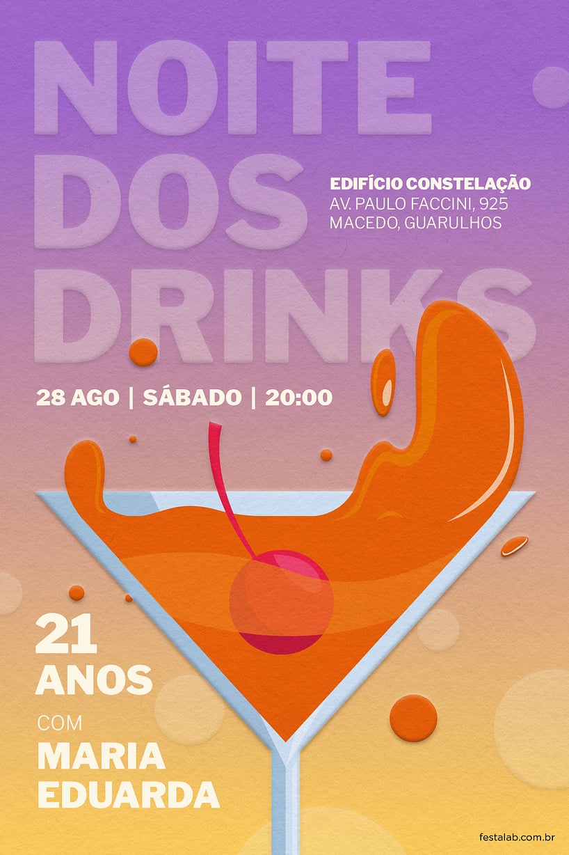 Convite de Aniversario Adulto - Noite dos Drinks Lilas