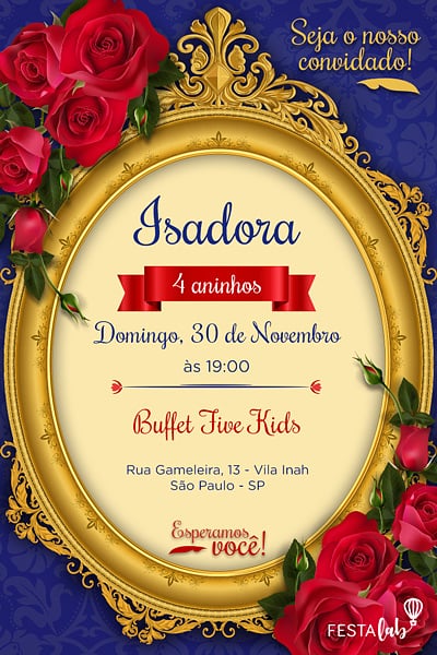 Convite de Aniversario - A Bela e a Fera Celebram o Amor