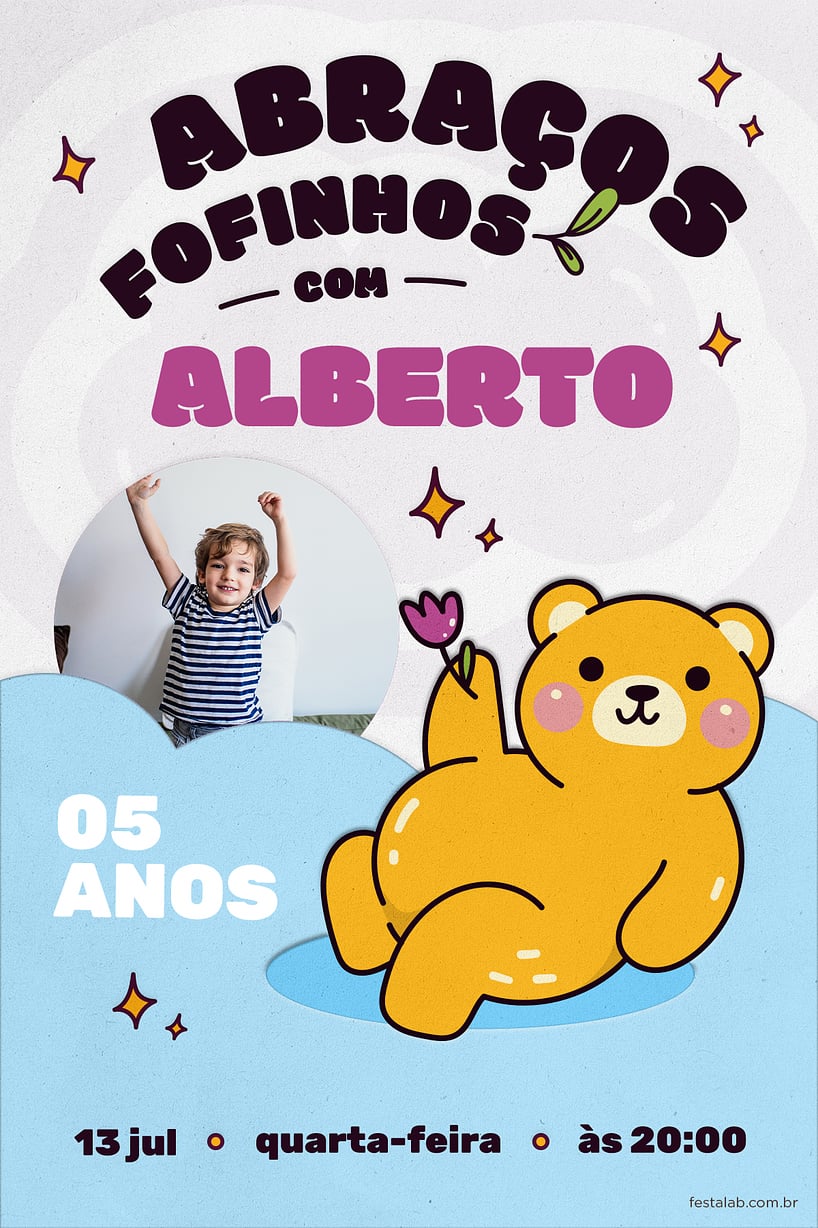 Criar convite de aniversário - Abraços Fofinhos Lilás| FestaLab