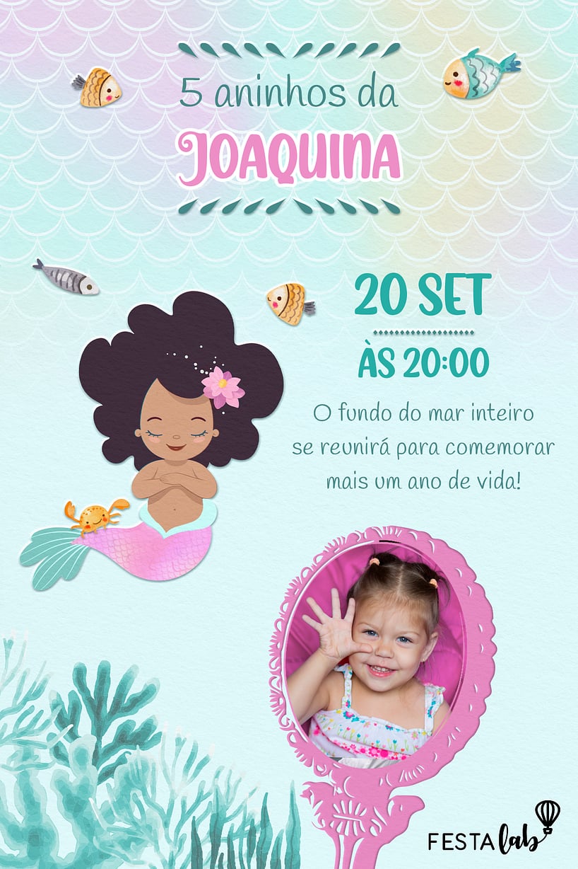 Criar convite de aniversário - Bebê Sereia Aquarela Azul| FestaLab