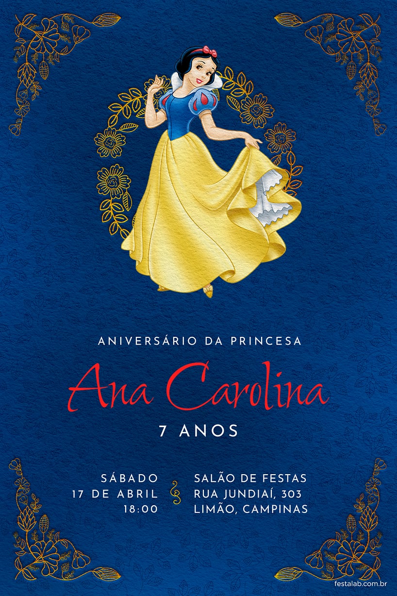 Convite de Aniversario - Branca de Neve - Azul