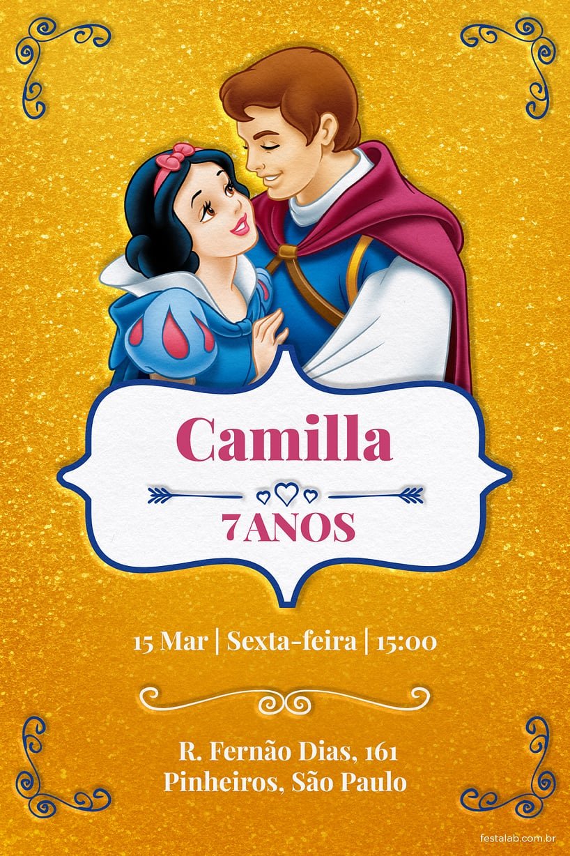 Criar convite de aniversário - Branca de Neve - Dourado| FestaLab