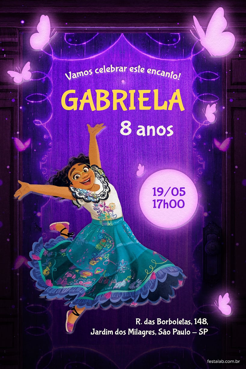 Criar convite de aniversário - Encanto da Mirabel roxo| FestaLab