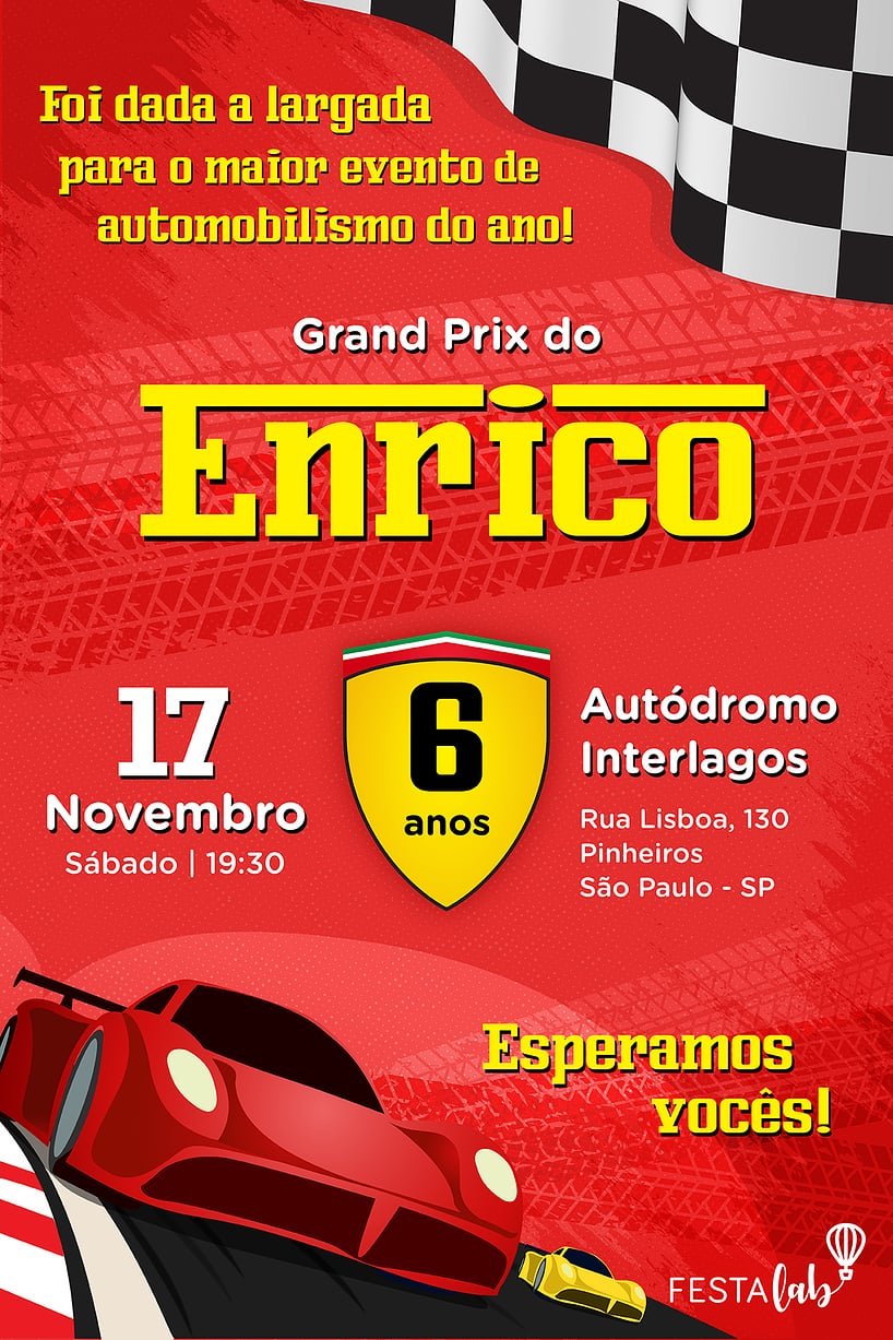 Criar convite de aniversário - Ferrari| FestaLab