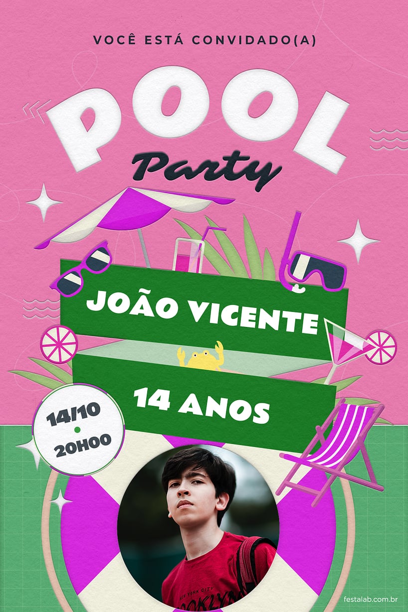 Criar convite de aniversário - Festa na piscina rosa| FestaLab