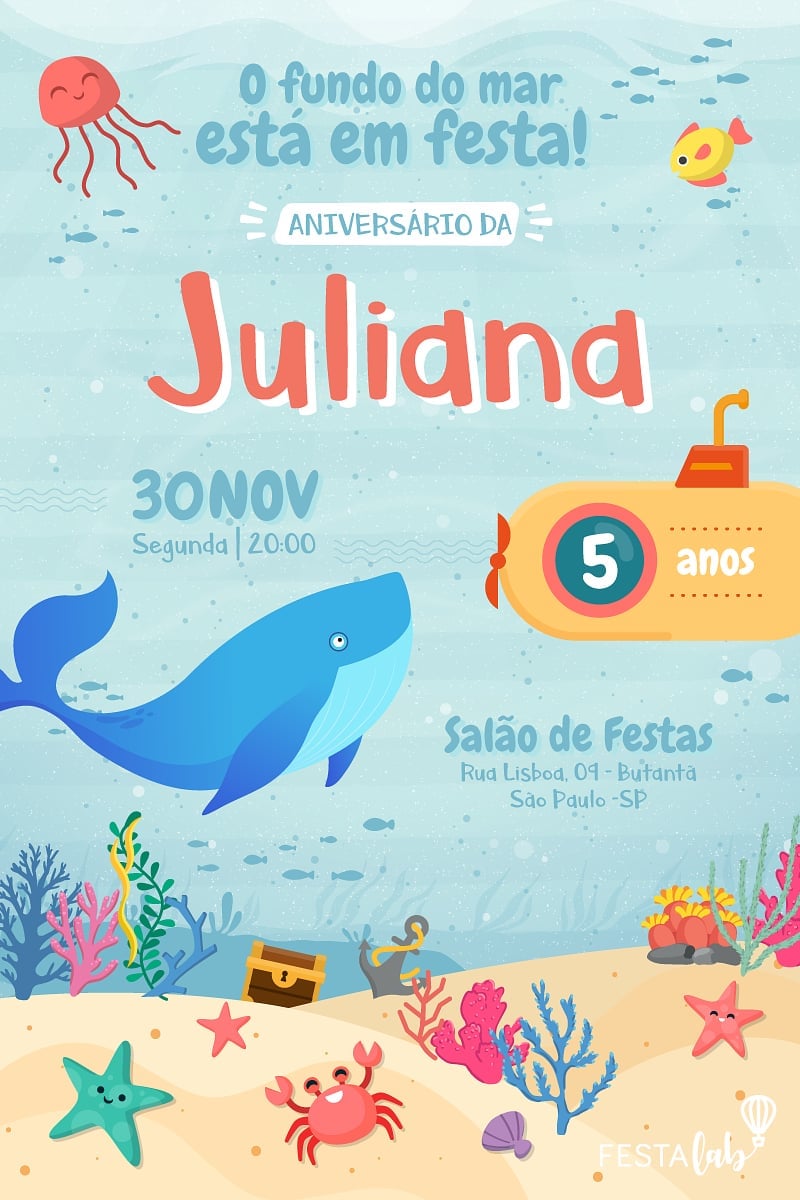 Criar convite de aniversário - Fundo do Mar| FestaLab