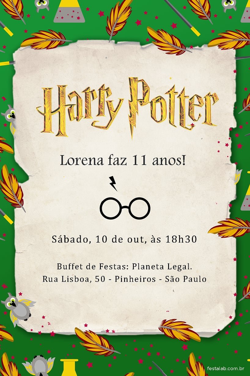 Convite de Aniversario - Harry Potter Sonserina