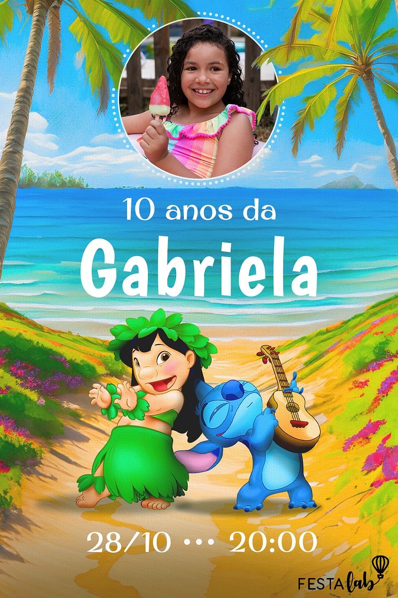 Criar convite de aniversário - Lilo Stitch na praia| FestaLab