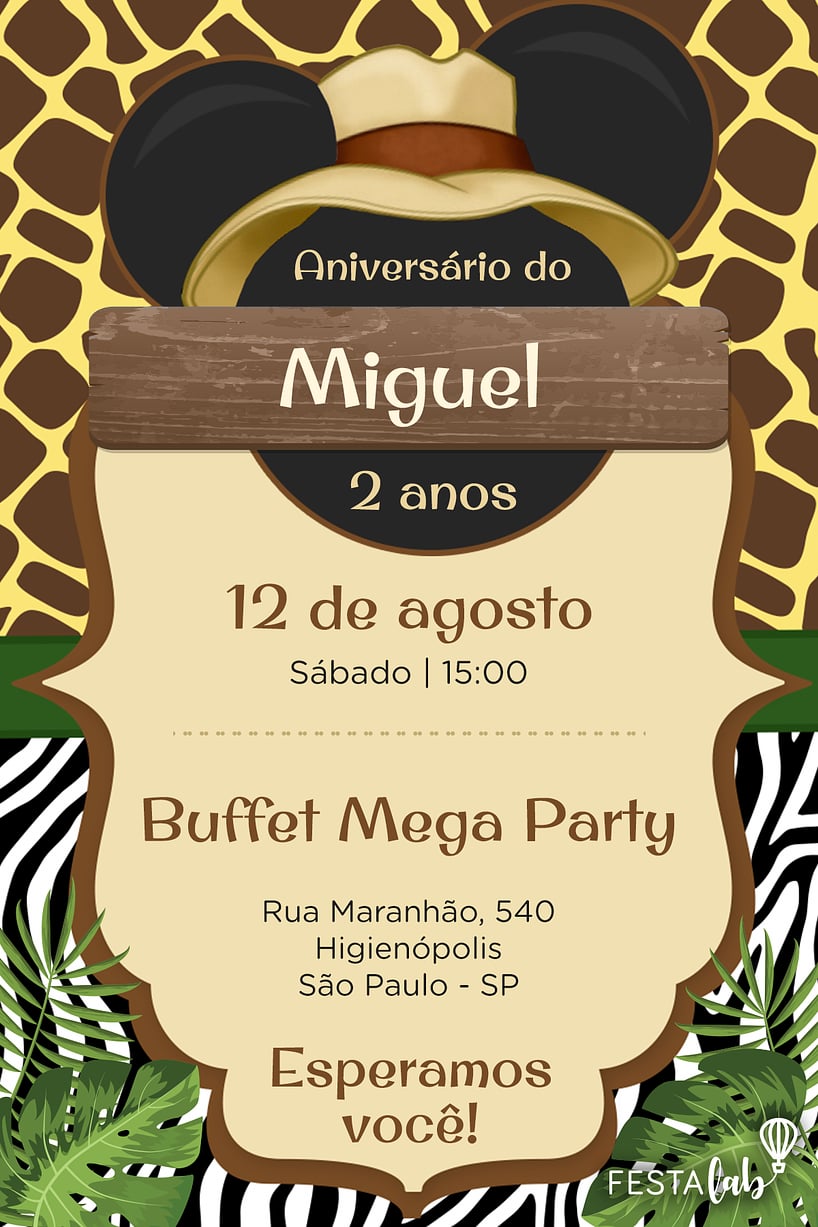 Criar convite de aniversário - Mickey Safari| FestaLab