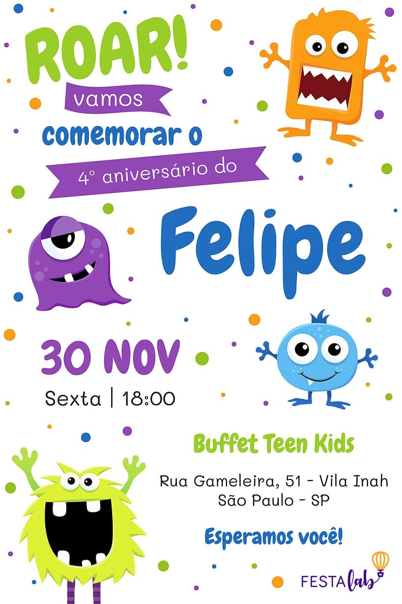 Convite de Aniversario - Monstrinhos