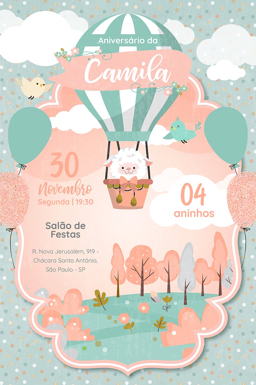 Criar convite de aniversário - Ovelha Baloeira verde| FestaLab