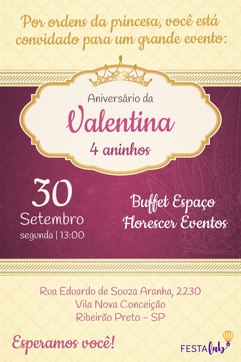 Convite de Aniversario - Princesa