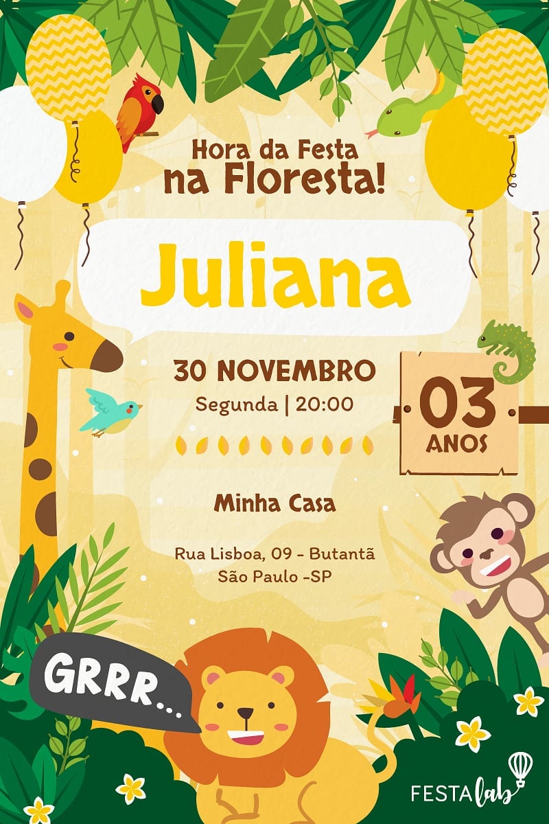 Criar convite de aniversário - Safari amarelo| FestaLab