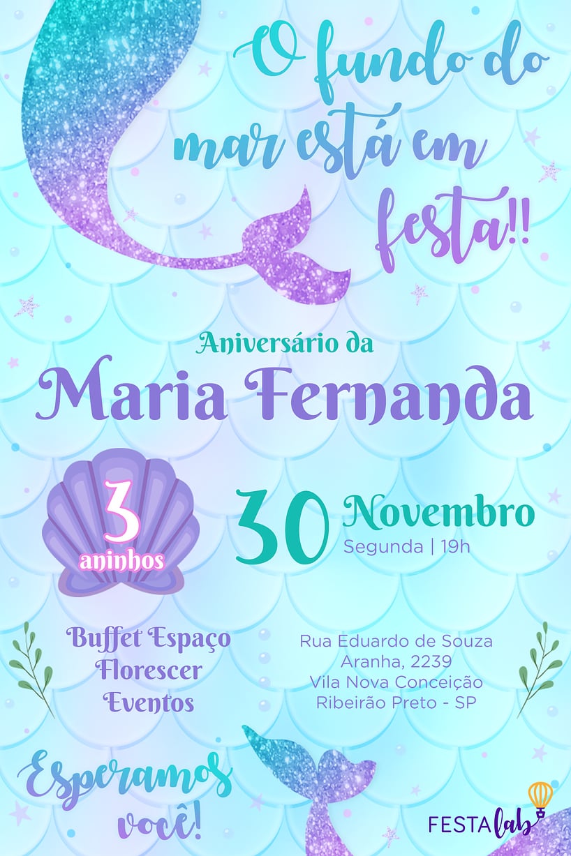 Convite de Aniversario - Sereia