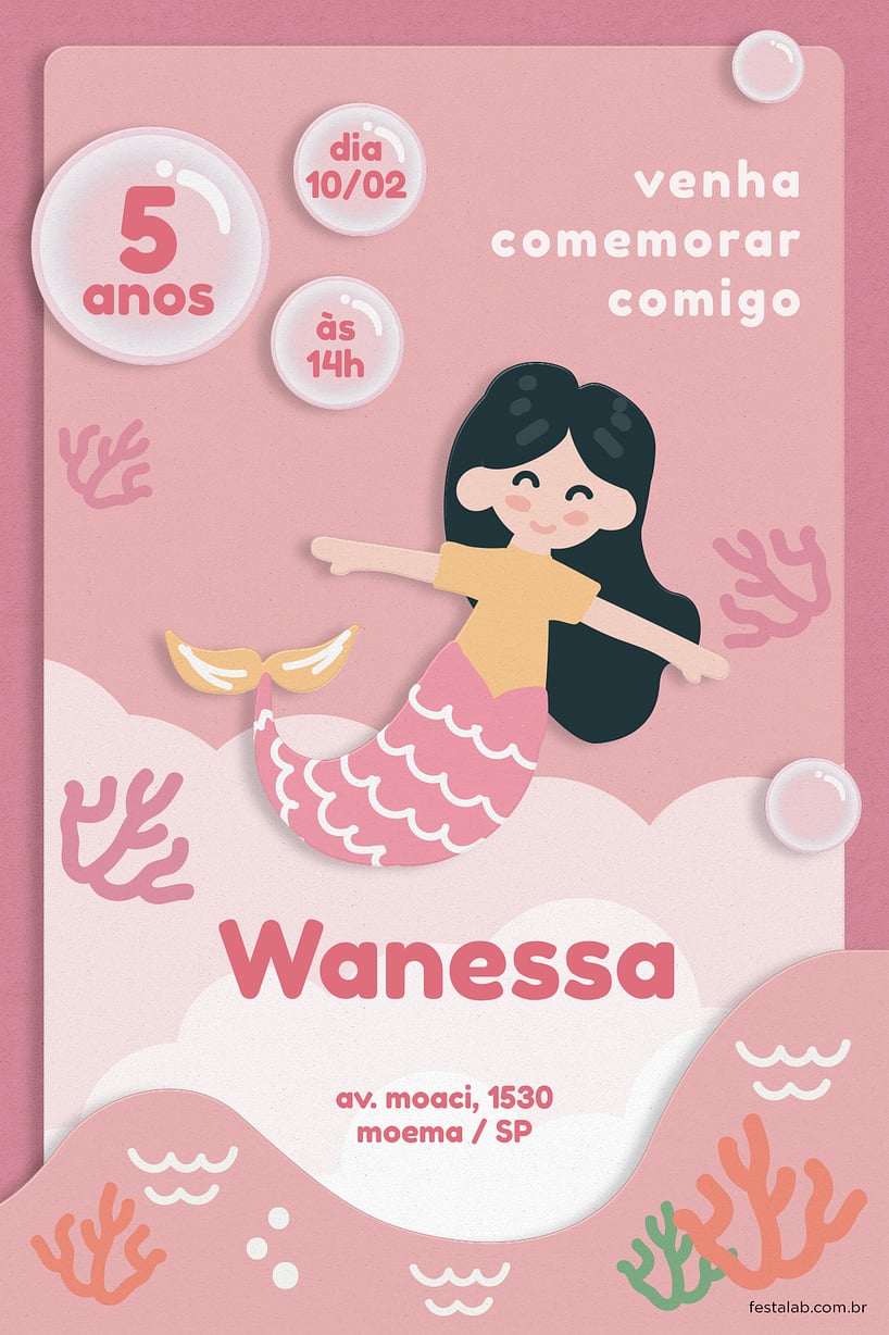 Criar convite de aniversário - Sereia Rosa| FestaLab