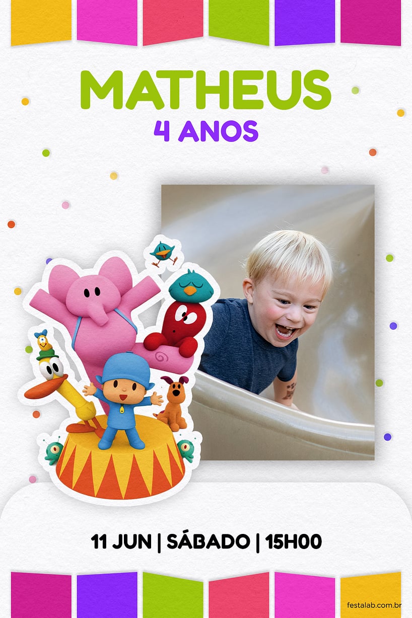 Criar convite de aniversário - Turma do Pocoyo Colorido| FestaLab