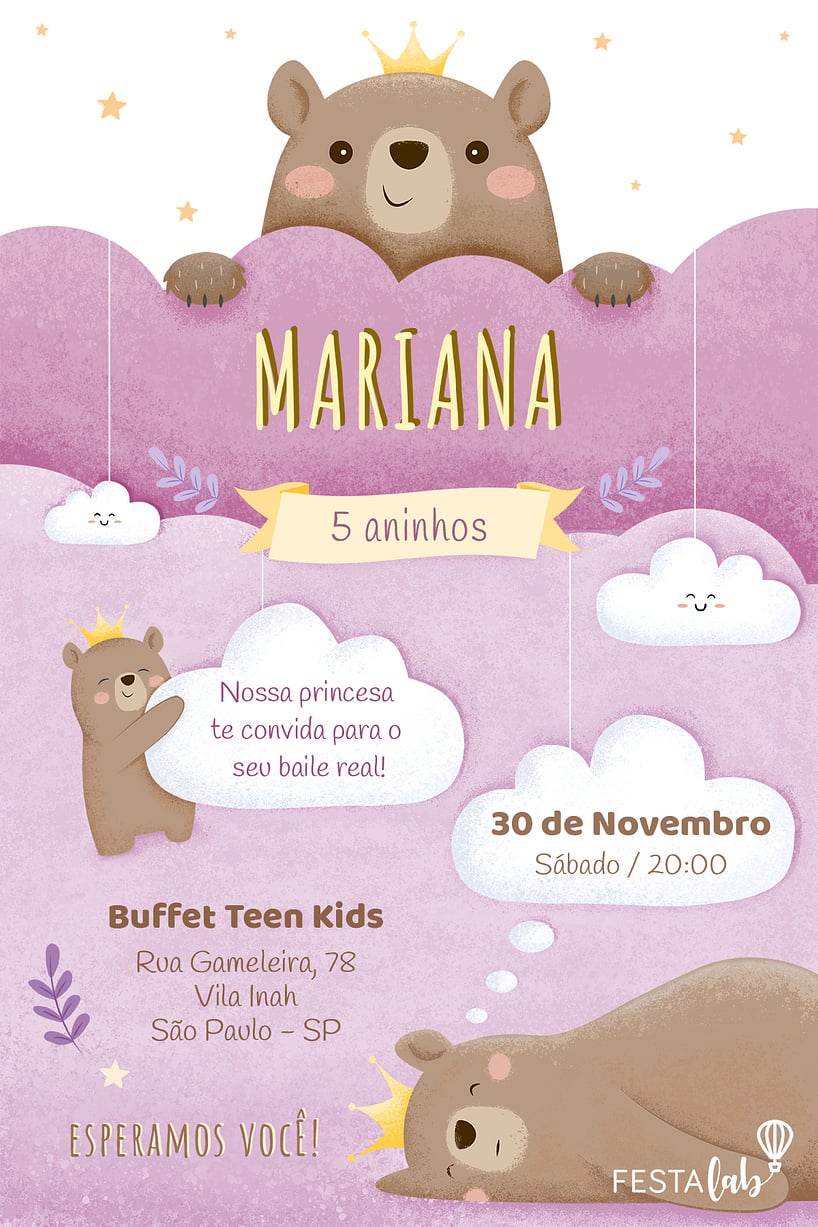 Convite de Aniversario - Ursinha Princesa