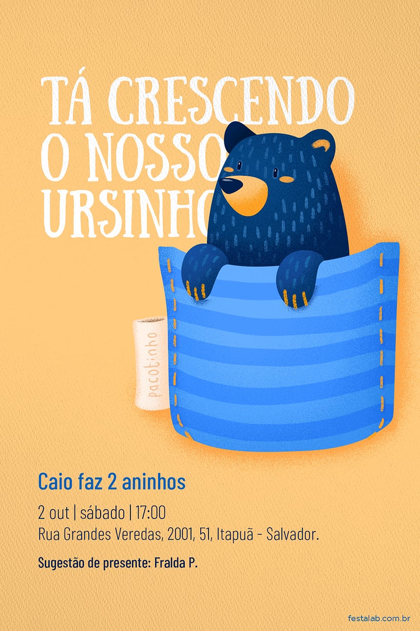 Criar convite de aniversário - Ursinho no Bolsinho azul| FestaLab