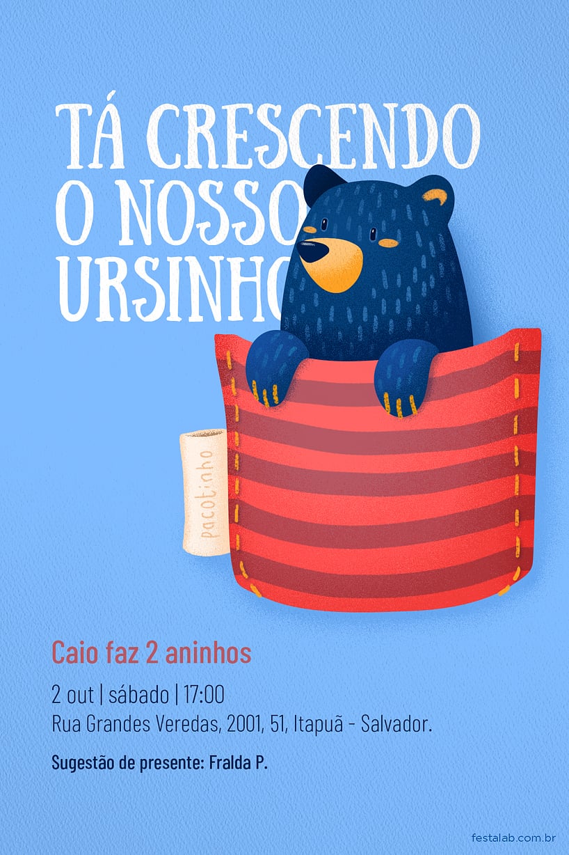 Convite de Aniversario - Ursinho no Bolsinho