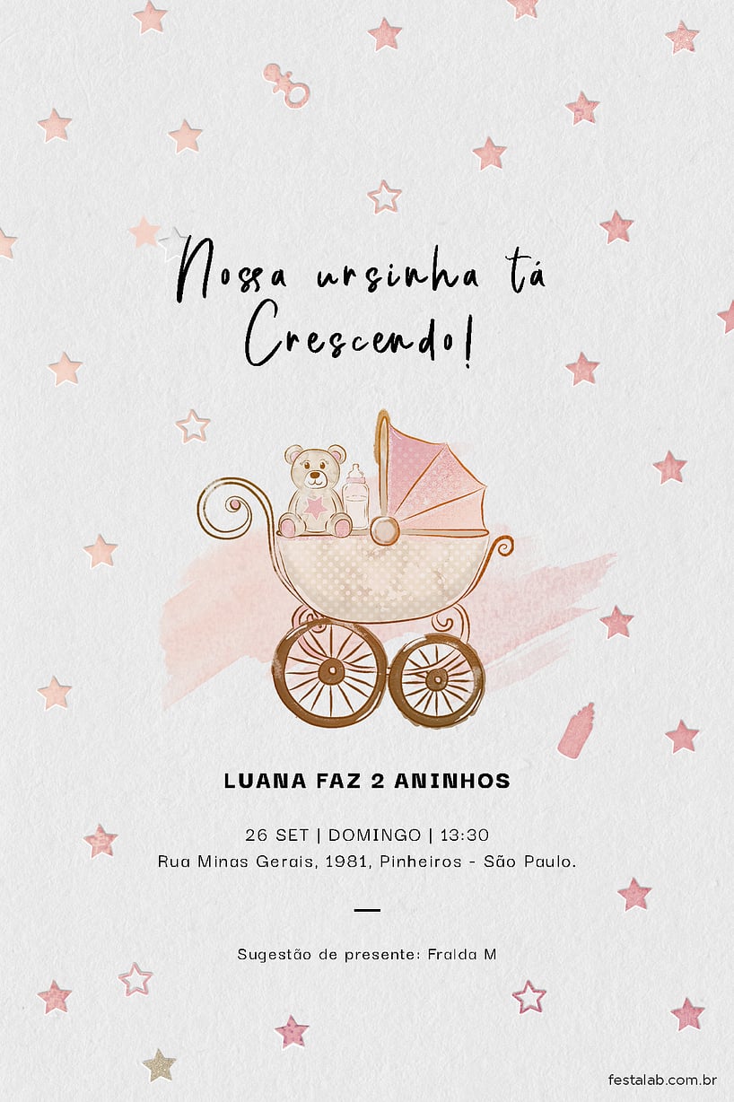 Criar convite de aniversário - Ursinho no Carrinho rosa| FestaLab