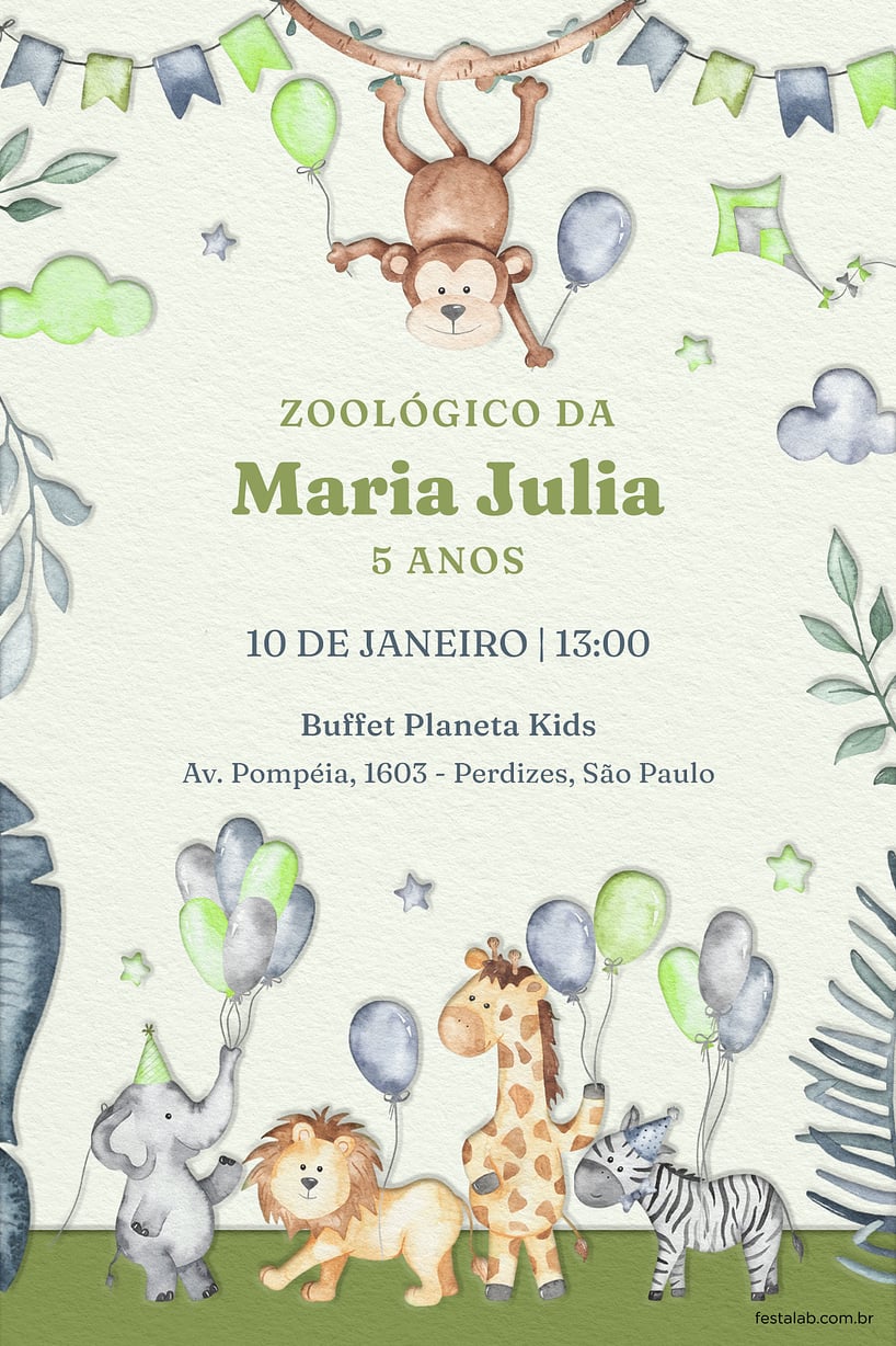 Criar convite de aniversário - Zoológico verde| FestaLab