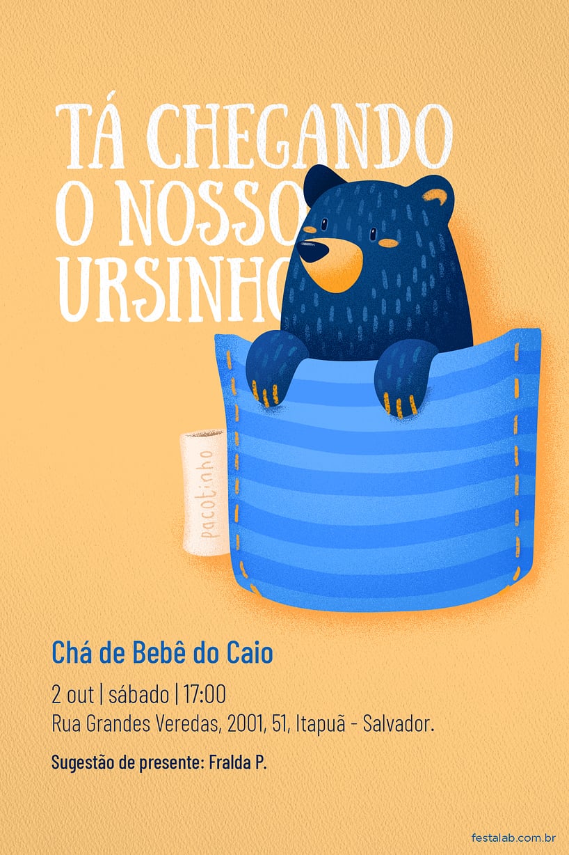 Criar convite de Chá de bebê - Ursinho no Bolsinho azul| FestaLab