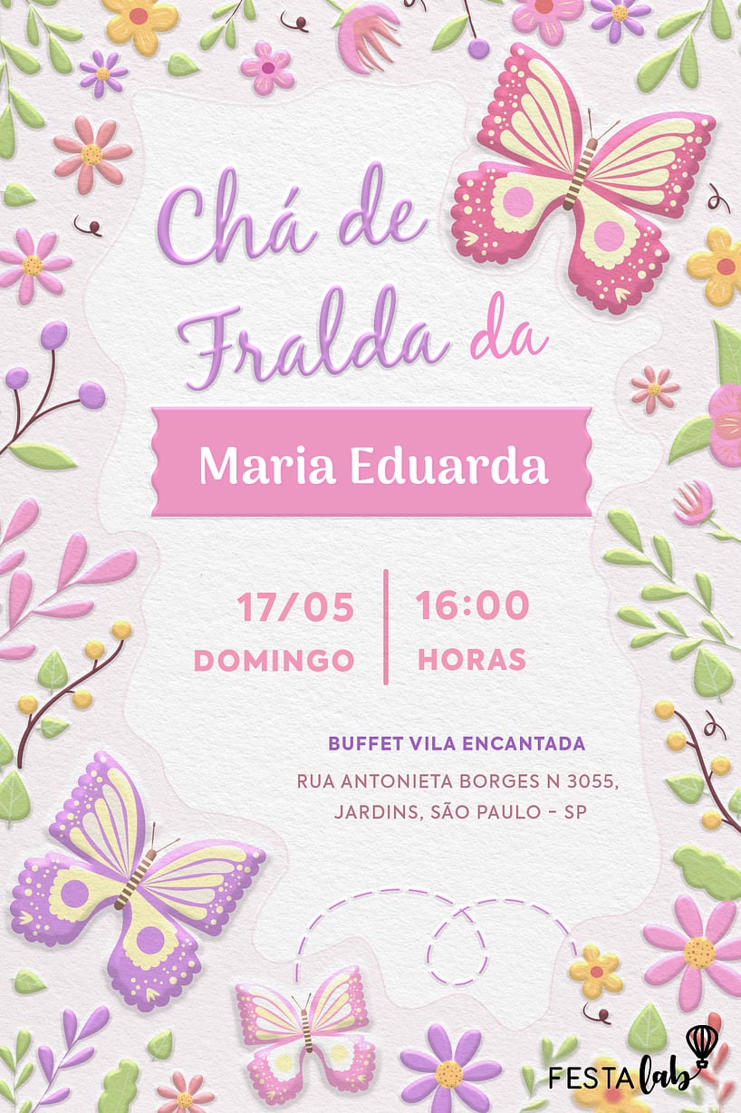 Criar convite de Chá de fraldas - Jardim das flores| FestaLab