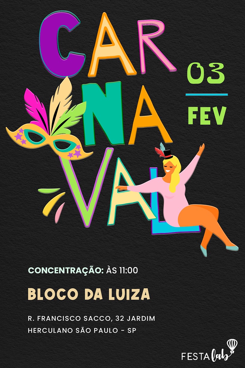 Criar convite de Ocasiões especiais - Lettering de Carnaval| FestaLab